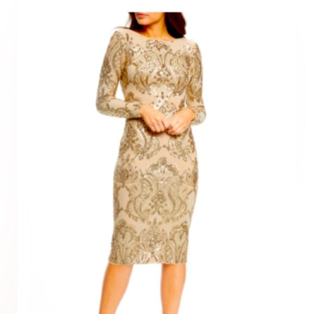 Dress The Population Emery Sequin Gold/Nude Sheath Dress size M